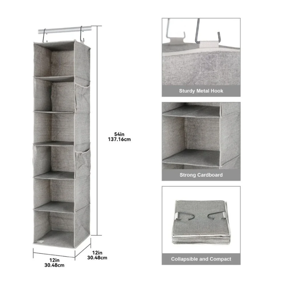 Grey 6-Shelf Hanging Closet Organizer with Side Pockets and Metal Hooks